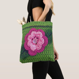 Rosa Blume Grüne Linke Kunsthandwerk Crochet Print Tasche