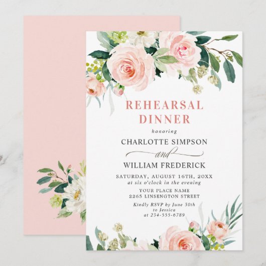 Rosa Blume Grüne PROBE DINNER Einladung (Vorne/Hinten)