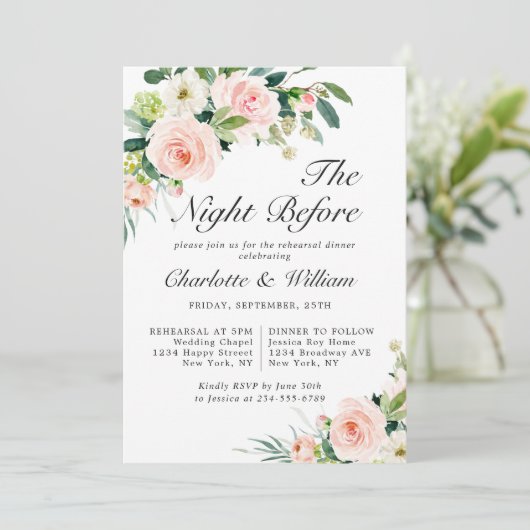 Rosa Blume Grüne PROBE DINNER Einladung (Stehend Vorderseite)