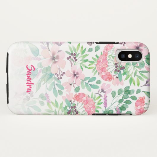 Rosa Blume Grünes Blattmuster Monogramm Case-Mate iPhone Hülle (Rückseite (Horizontal))