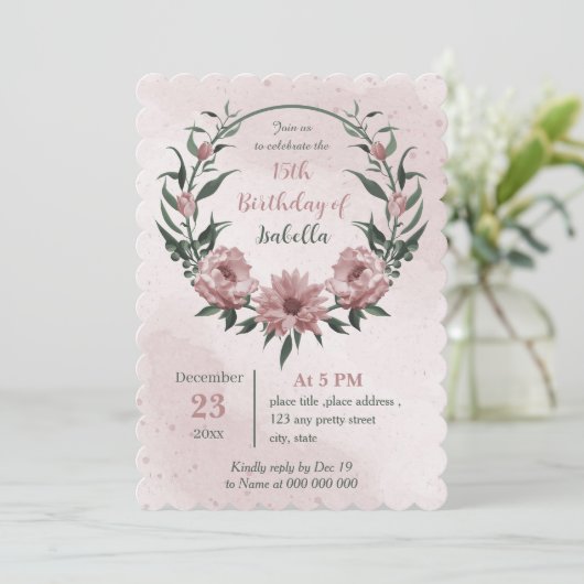Rosa Blume Grünkranz Geburtstag Einladung (Stehend Vorderseite)