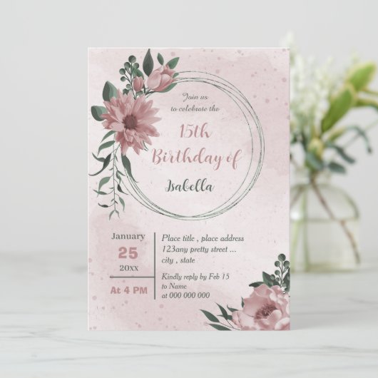 Rosa Blume Grünkranz Geburtstag Einladung (Stehend Vorderseite)