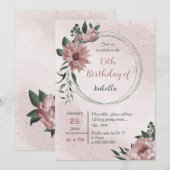 Rosa Blume Grünkranz Geburtstag Einladung (Vorne/Hinten)