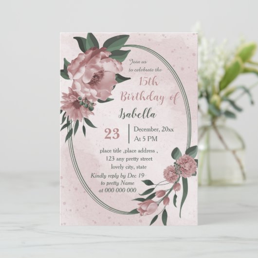 Rosa Blume Grünkranz Geburtstag Einladung (Stehend Vorderseite)