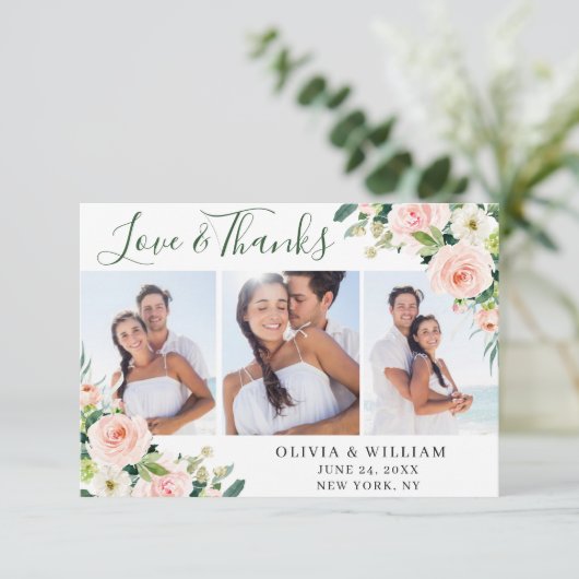 Rosa Blume Grünpflanzen Blumen 3 FOTO Dankeskarte (Stehend Vorderseite)