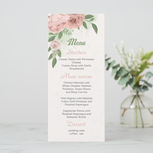 Rosa Blume Grünpflanzen botanisches Menü Menükarte (Stehend Vorderseite)