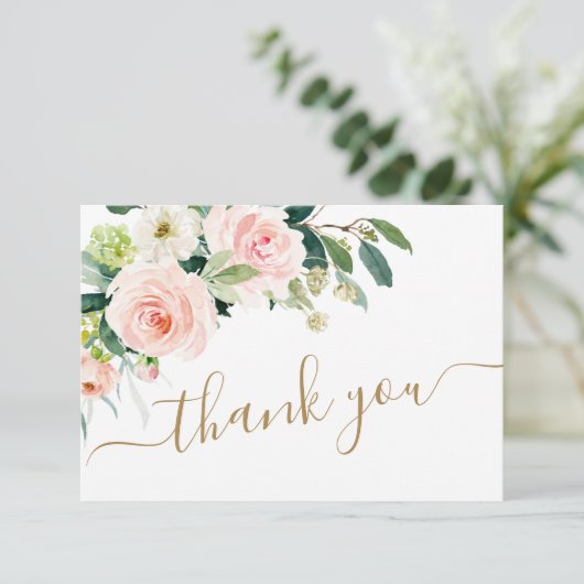 Rosa Blume Grünpflanzen Dankeskarte (Stehend Vorderseite)