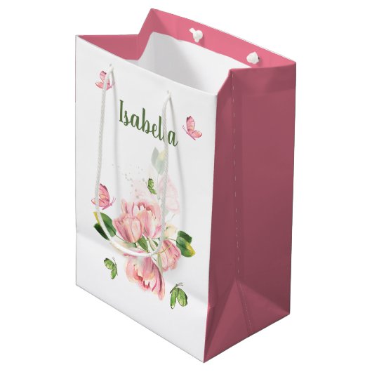 Rosa Blume, Grünschmetterlinge Mittlere Geschenktüte (Vorderseite Schrägansicht)