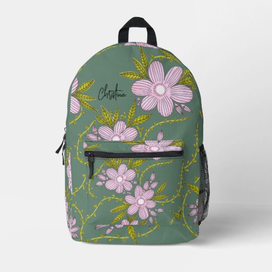 Rosa Blume Hellgrüne Blätter Stiele und Name Bedruckter Rucksack (Vorderseite)