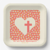 Rosa Blume Herz und Christliches Kreuz Pappteller (Vorderseite)