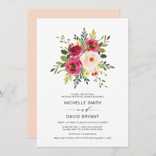 Rosa Blume, Hochzeit-Probe-Abendessen Einladung (Vorne/Hinten)