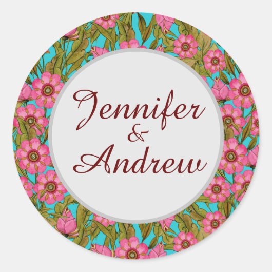 Rosa Blume Hochzeitsticker Runder Aufkleber (Vorderseite)