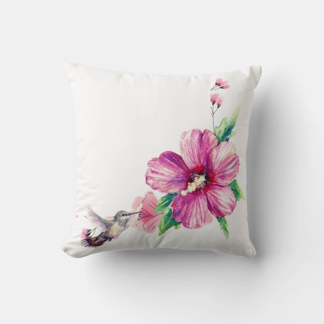 Rosa Blume Hummingbird Dekorative Wasserfarbe Kissen (Vorderseite)