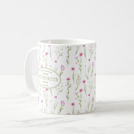 Rosa Blume Illustrierter Name und Geburtsdatum Kaffeetasse (Vorderseite Links)