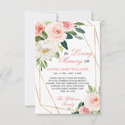 Rosa Blume im Beileid Dankeskarte (Vorderseite)