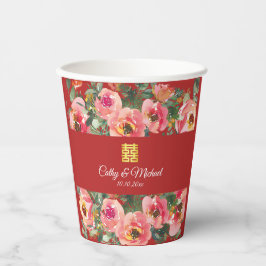 Rosa Blume im Hintergrund Doppelglückssymbol Pappbecher