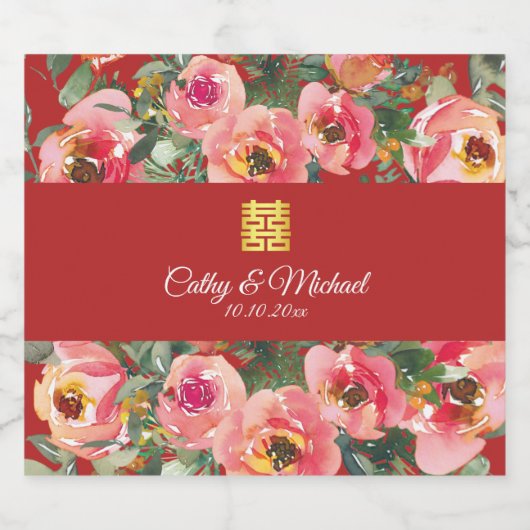 Rosa Blume im Hintergrund Doppelglückssymbol Schaumweinetikett (Einzelnes Label)