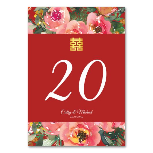 Rosa Blume im Hintergrund Doppelglückssymbol Tischnummer (Vorderseite)