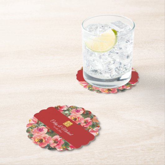 Rosa Blume im Hintergrund Doppelglückssymbol Untersetzer (Vor Ort)