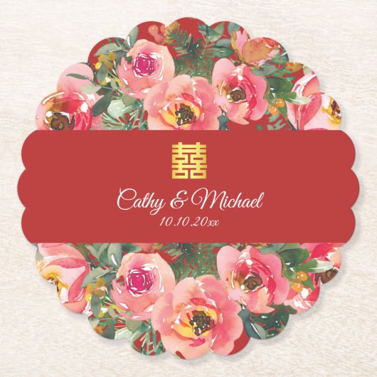 Rosa Blume im Hintergrund Doppelglückssymbol Untersetzer (Vorderseite)