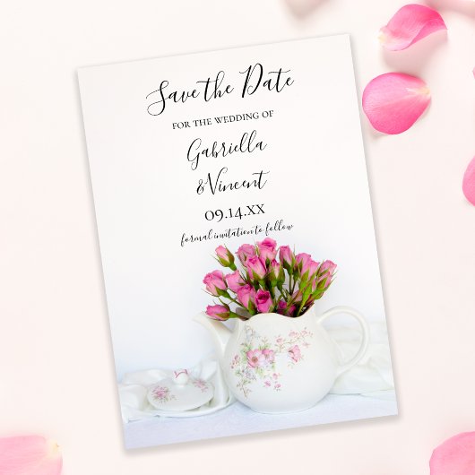 Rosa Blume im Teekessel Hochzeit Sichern Sie das D Save The Date