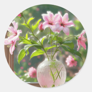 Rosa Blume im Vase Runder Aufkleber