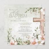 Rosa Blume im Wasserfarbenfrohen Rosa Holzkreuz Einladung (Vorne/Hinten)