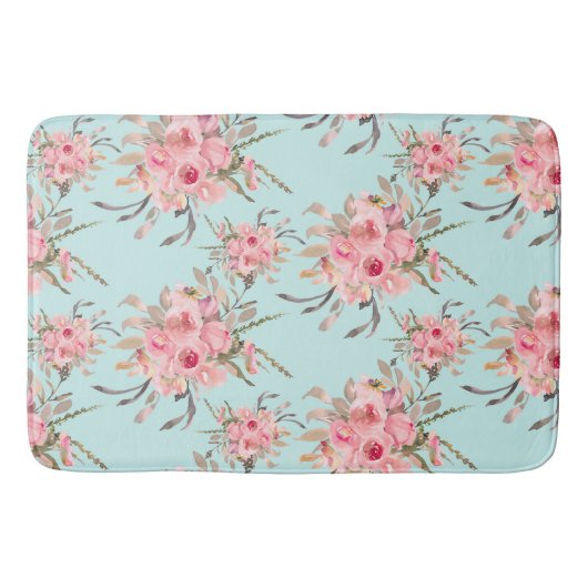 Rosa Blume in hellblau Badematte (Vorderseite)