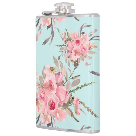 Rosa Blume in hellblau Flachmann (Links)