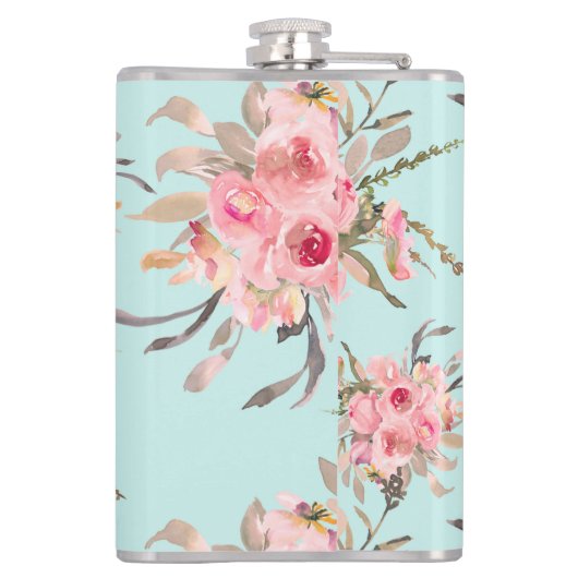 Rosa Blume in hellblau Flachmann (Rückseite)