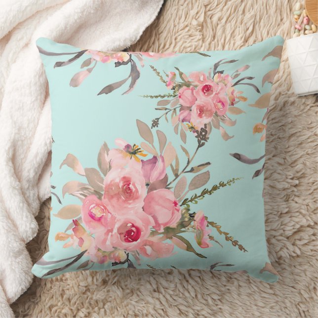 Rosa Blume in hellblau Kissen (Decke)