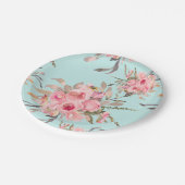 Rosa Blume in hellblau Pappteller (Schrägansicht)