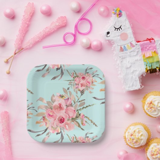 Rosa Blume in hellblau Pappteller (Party)