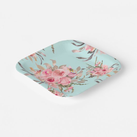 Rosa Blume in hellblau Pappteller (Gewinkelt)