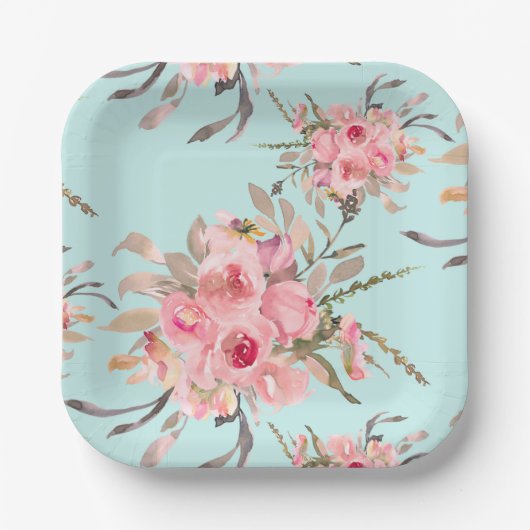 Rosa Blume in hellblau Pappteller (Vorderseite)