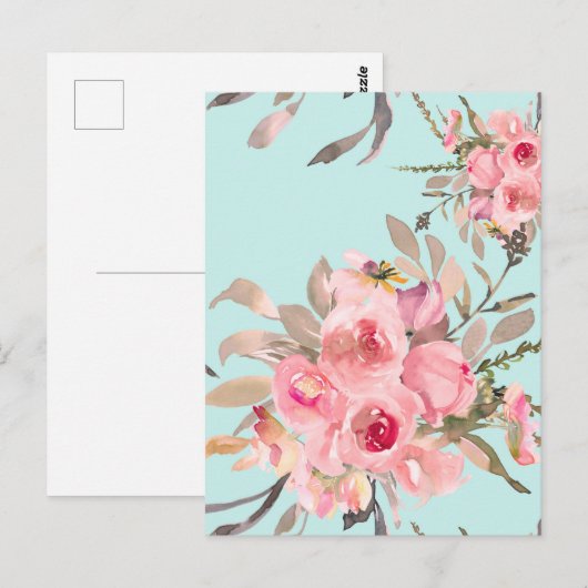 Rosa Blume in hellblau Postkarte (Vorne/Hinten)