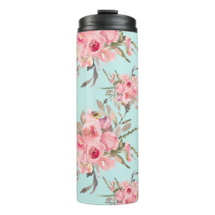 Rosa Blume in hellblau Thermosbecher