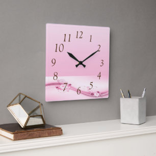 Rosa Blume in Waves Quadratische Wanduhr