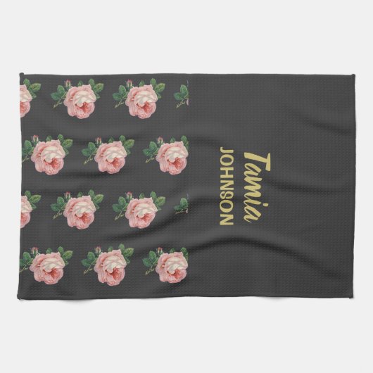 Rosa Blume individuelle Name grau Geschirrtuch (Horizontal)