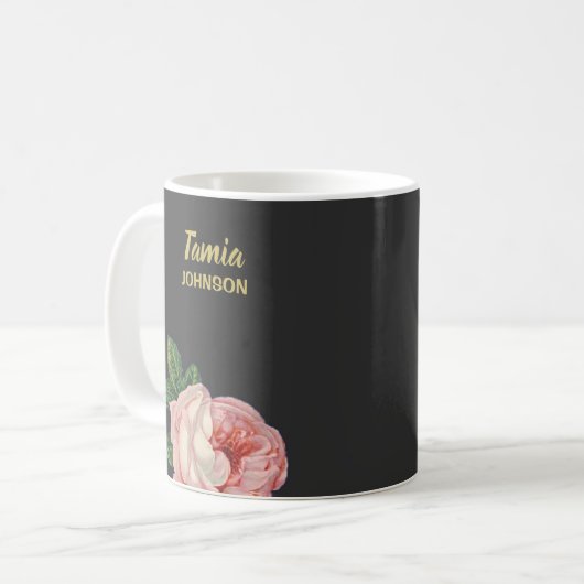 Rosa Blume individuelle Name grau Kaffeetasse (Vorderseite Links)