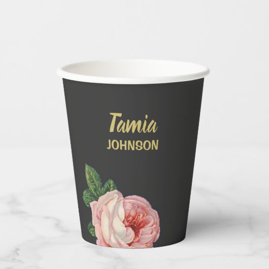 Rosa Blume individuelle Name grau Pappbecher (Vorderseite)
