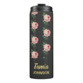 Rosa Blume individuelle Name grau Thermosbecher