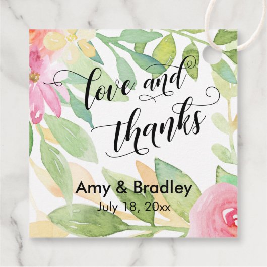 Rosa Blume & Kalligraphie Liebe und Dank Hochzeit Geschenkanhänger (Rückseite)