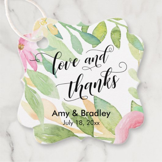 Rosa Blume & Kalligraphie Liebe und Dank Hochzeit Geschenkanhänger (Vorderseite)