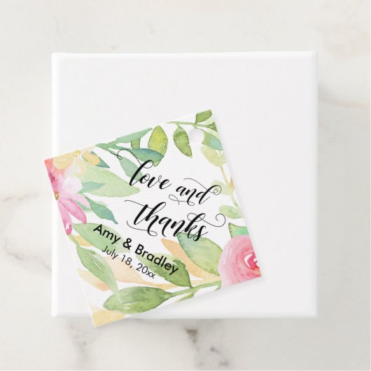 Rosa Blume & Kalligraphie Liebe und Dank Hochzeit Geschenkanhänger (Beispiel)