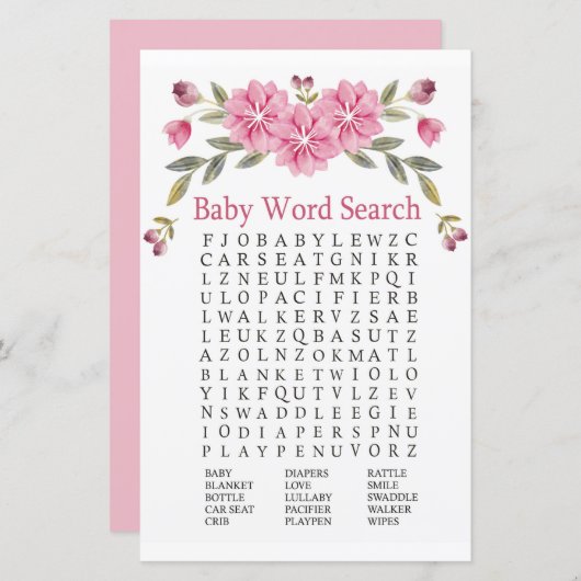 Rosa Blume Kinderdusche Word Search Game (Vorne/Hinten)
