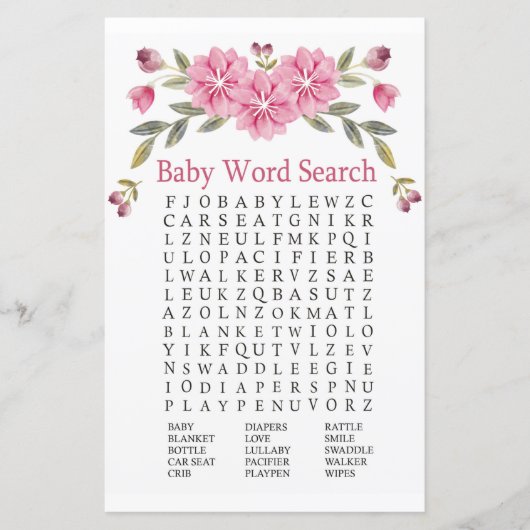 Rosa Blume Kinderdusche Word Search Game (Vorderseite)