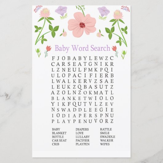 Rosa Blume Kinderdusche Word Search Game (Vorderseite)