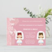 Rosa Blume Kommunion Twins Einladung (Stehend Vorderseite)