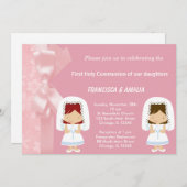Rosa Blume Kommunion Twins Einladung (Vorne/Hinten)